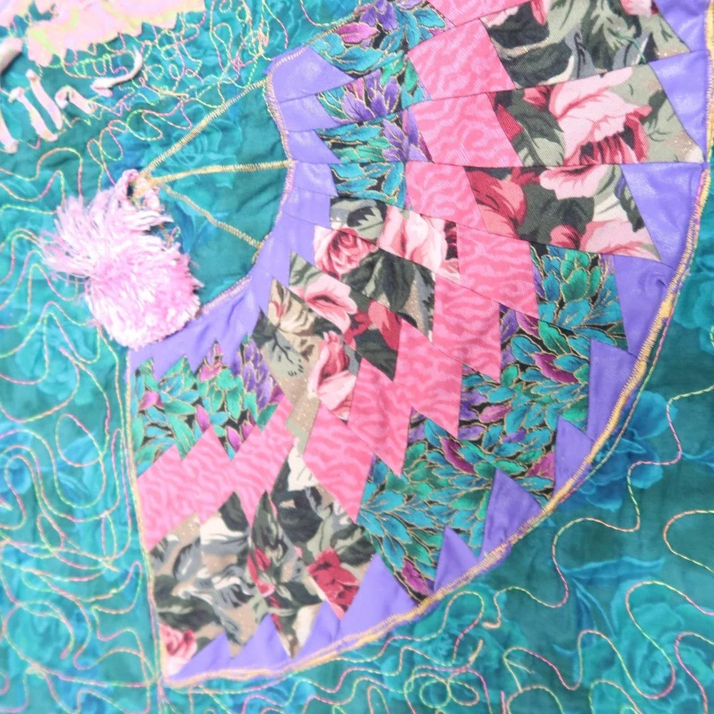 Vintage teal blue and pink oriental fan design quilt blanket with tassel
